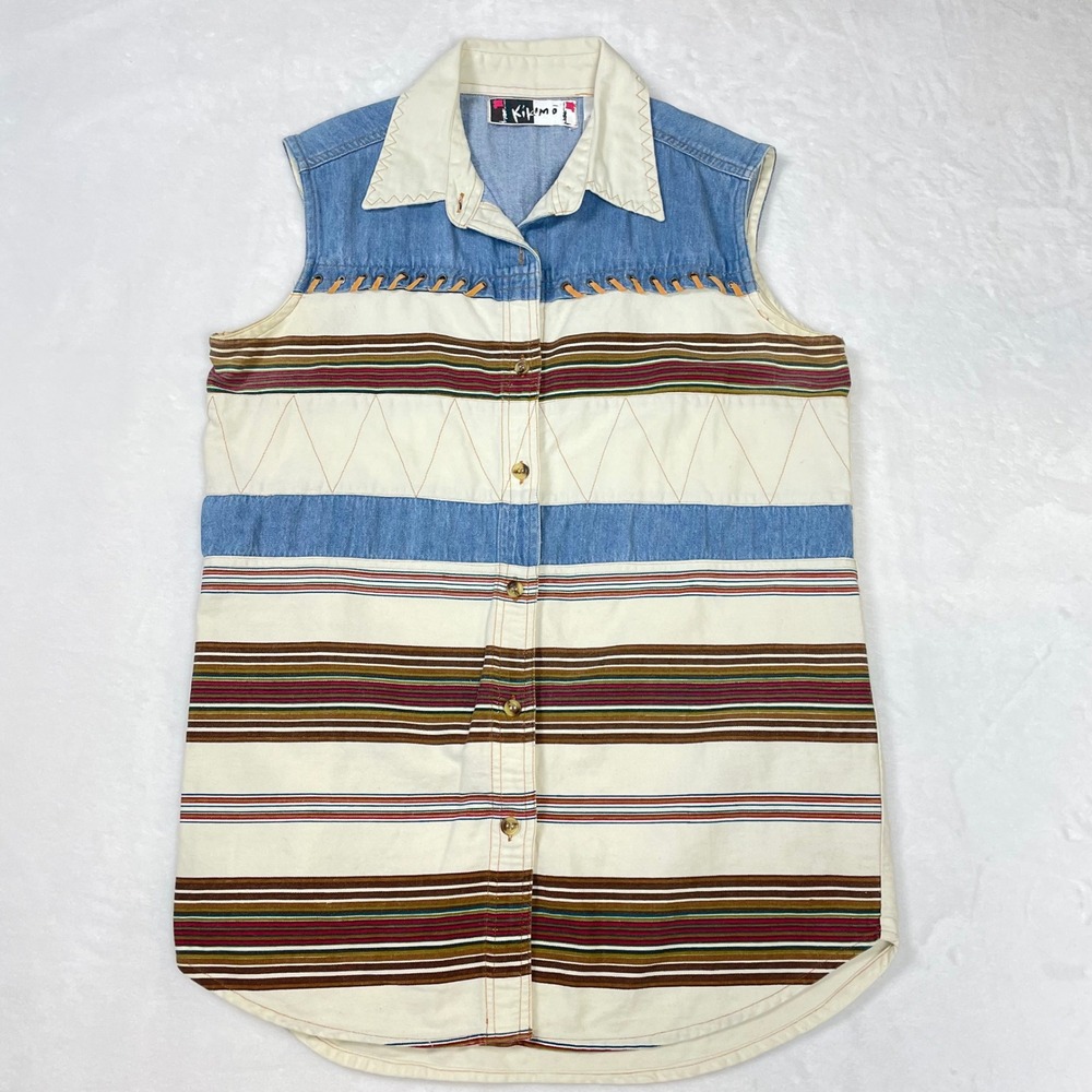 Kikomo Vest Top Cotton Women Medium Blue Cream Vintage Southwestern Denim Yoke